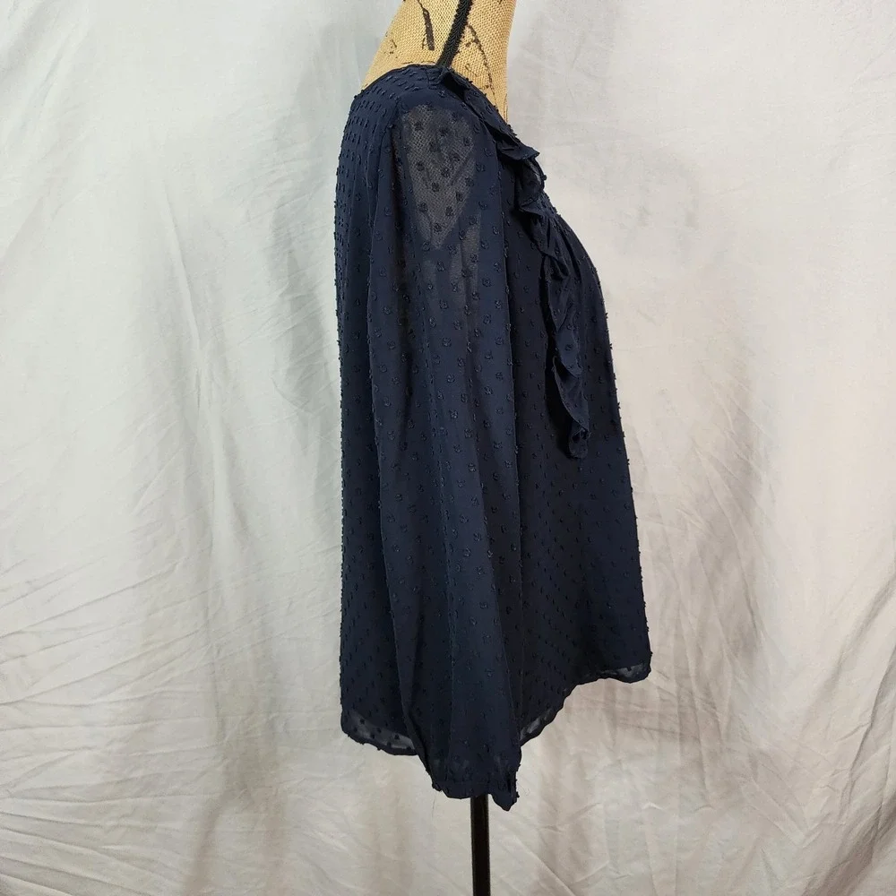 J.CREW Size 12 Navy Blue French Dot Pleated Ruffle Sheer Sleeve Keyhole Blouse‎